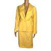 Larry Levine Women Linen Rayon Skirt Suit Size 6 Yellow Lined Notch Collar 2pc