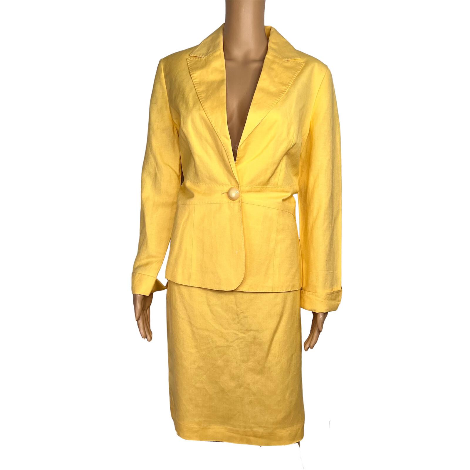 Larry Levine Women Linen Rayon Skirt Suit Size 6 Yellow Lined Notch Collar 2pc