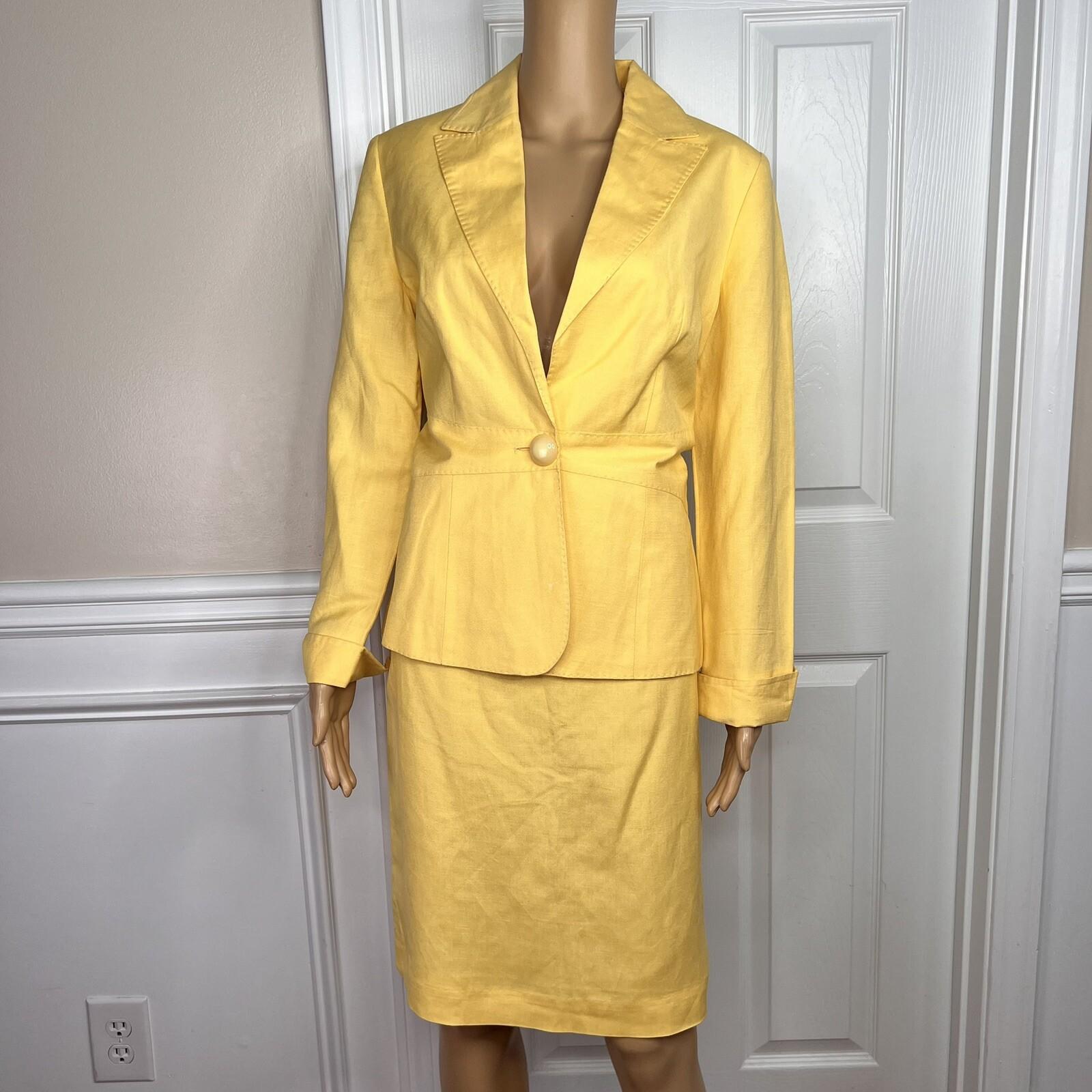 Larry Levine Women Linen Rayon Skirt Suit Size 6 Yellow Lined Notch Collar 2pc