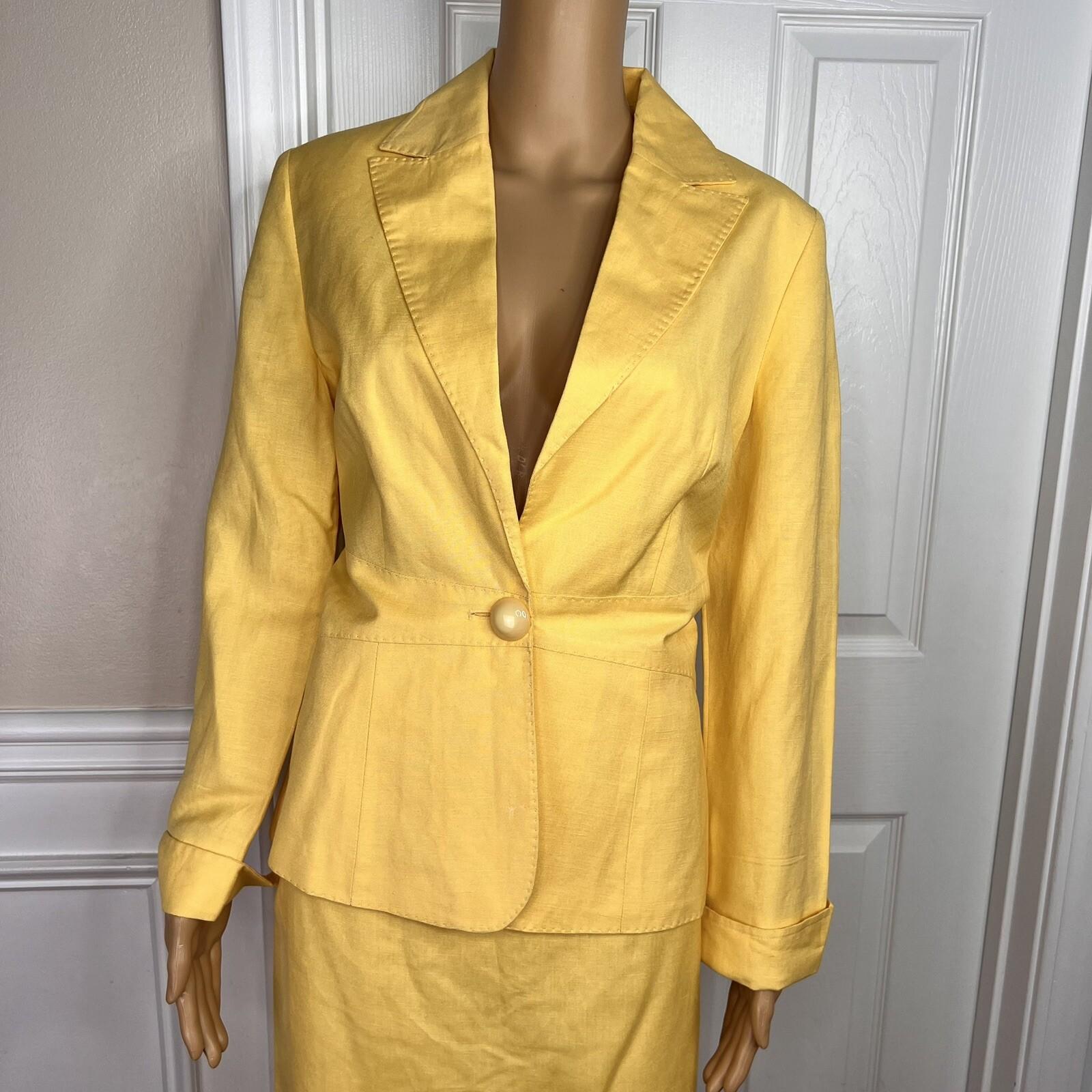 Larry Levine Women Linen Rayon Skirt Suit Size 6 Yellow Lined Notch Collar 2pc