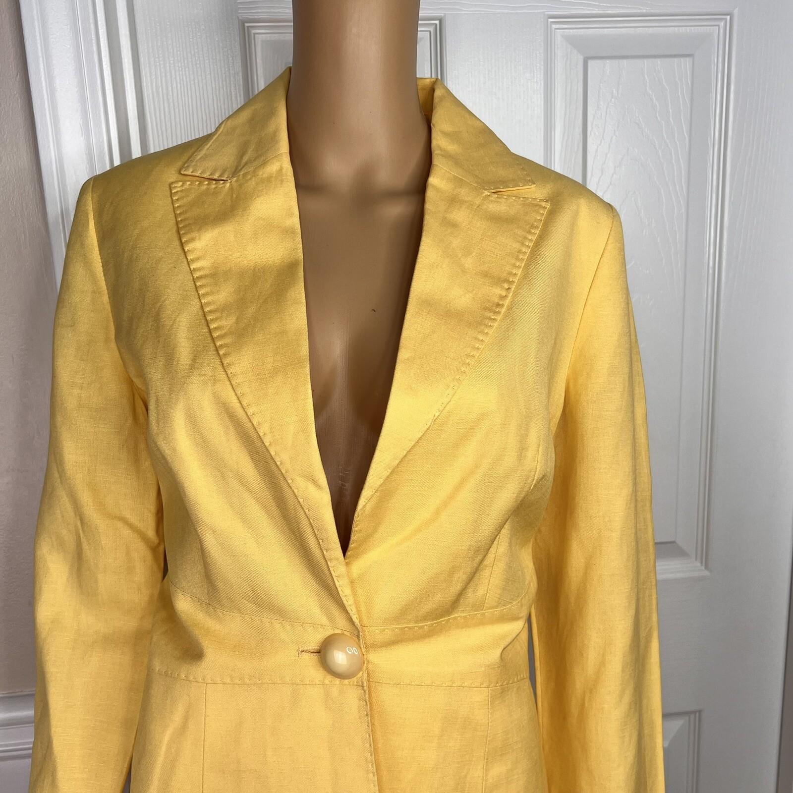Larry Levine Women Linen Rayon Skirt Suit Size 6 Yellow Lined Notch Collar 2pc