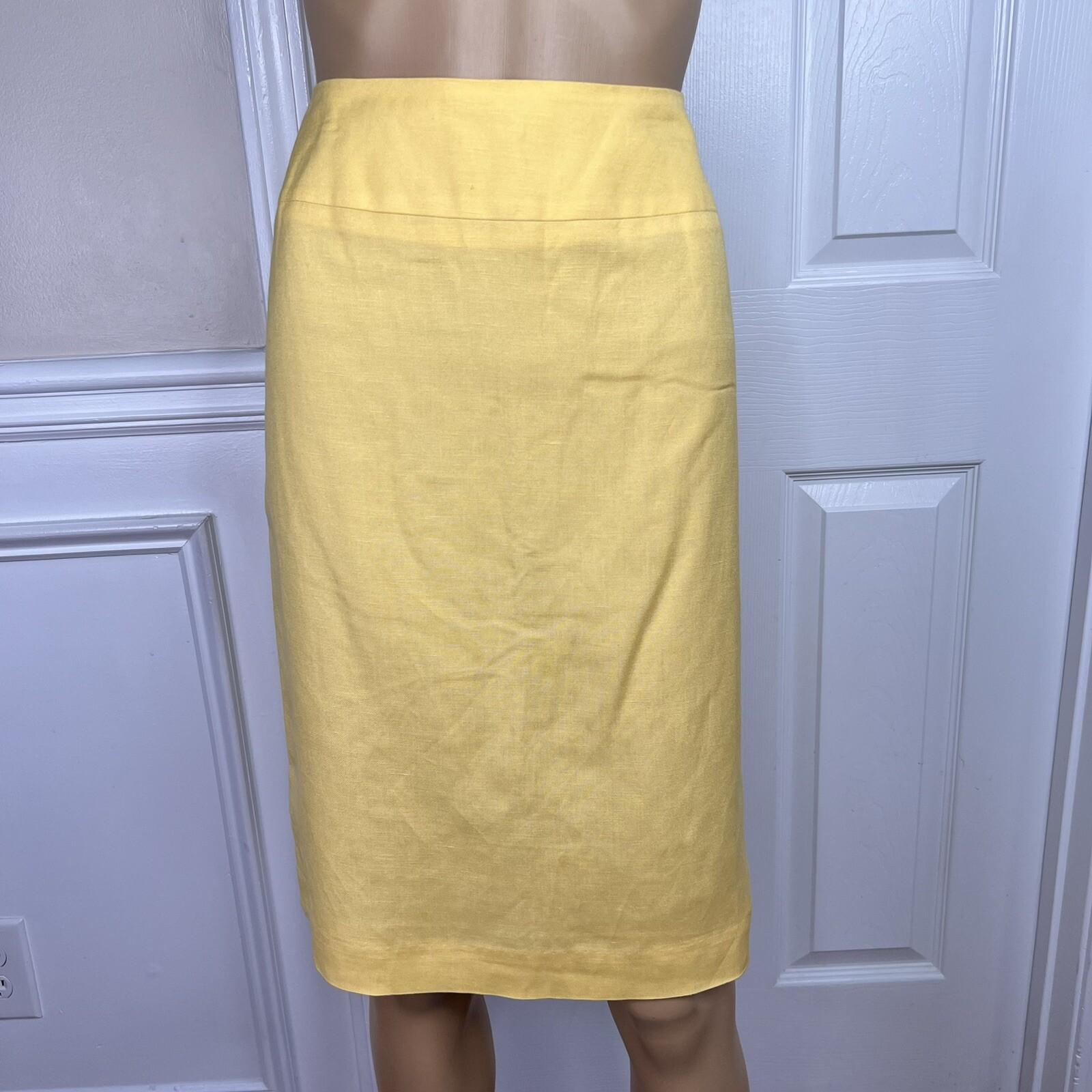 Larry Levine Women Linen Rayon Skirt Suit Size 6 Yellow Lined Notch Collar 2pc