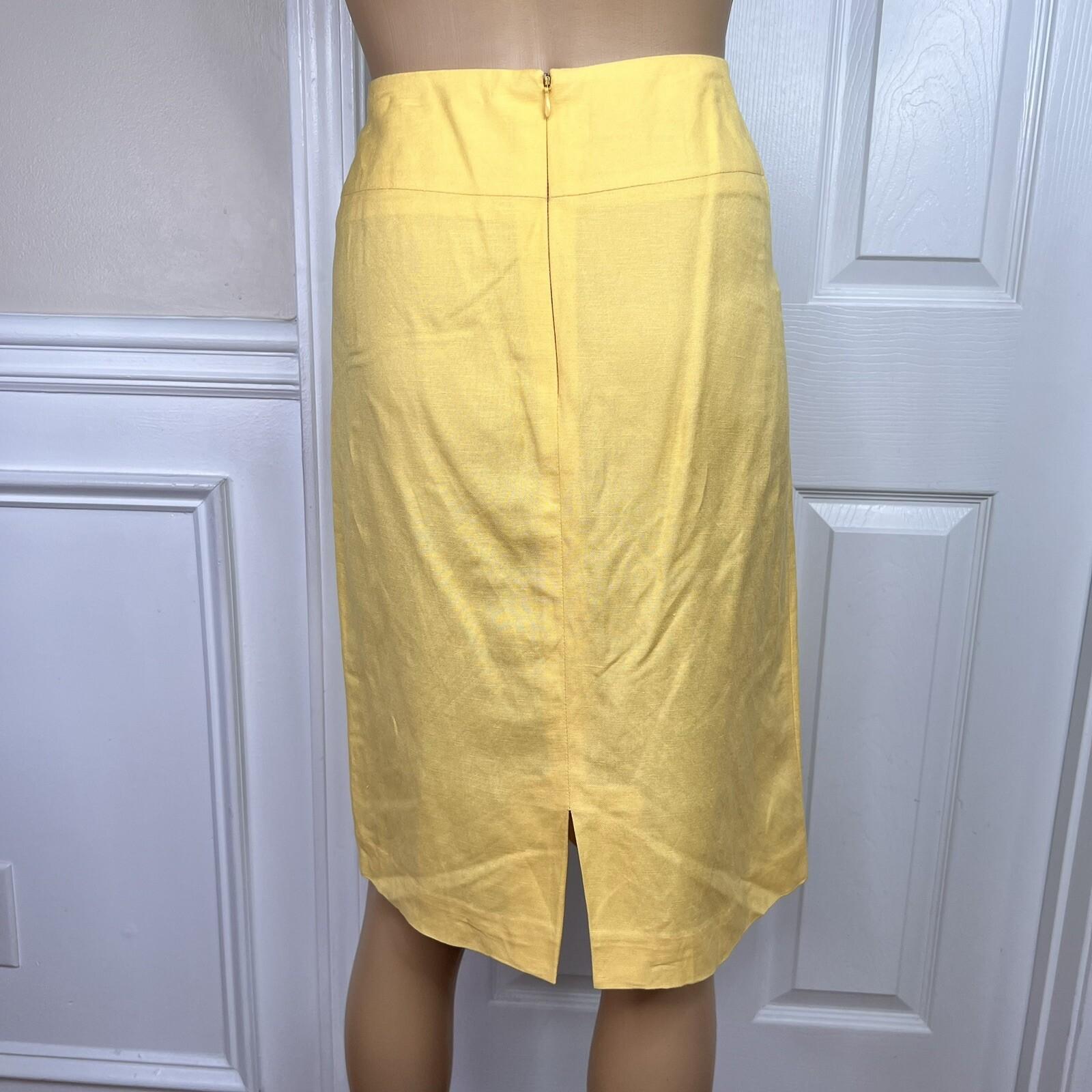 Larry Levine Women Linen Rayon Skirt Suit Size 6 Yellow Lined Notch Collar 2pc