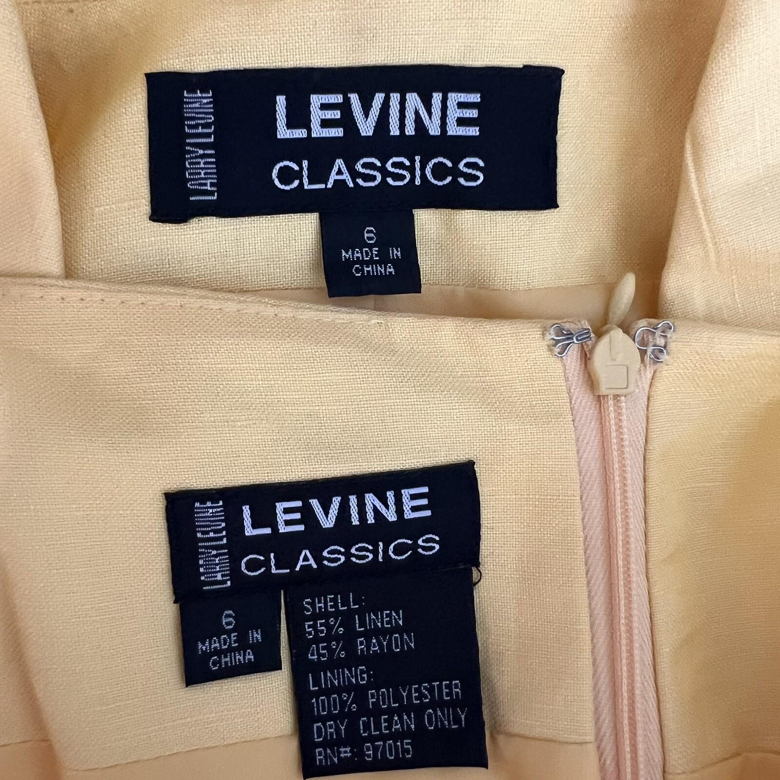 Larry Levine Women Linen Rayon Skirt Suit Size 6 Yellow Lined Notch Collar 2pc
