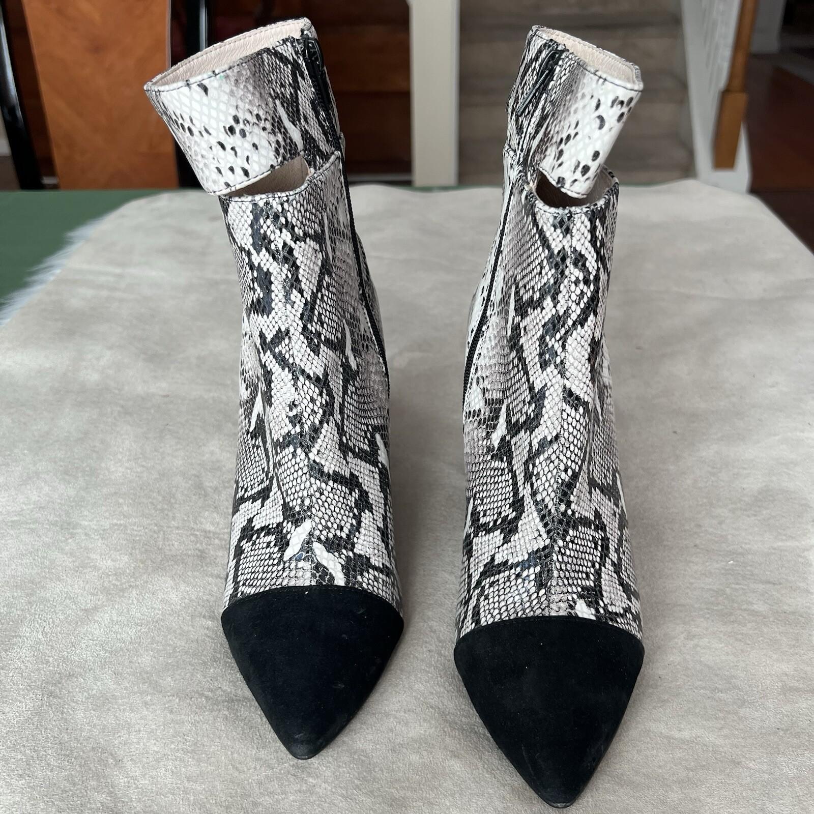 42 Gold Kiki Snakes Print Booties 8.5M Suede Heeled Pointed Toe Cut Out Ankle