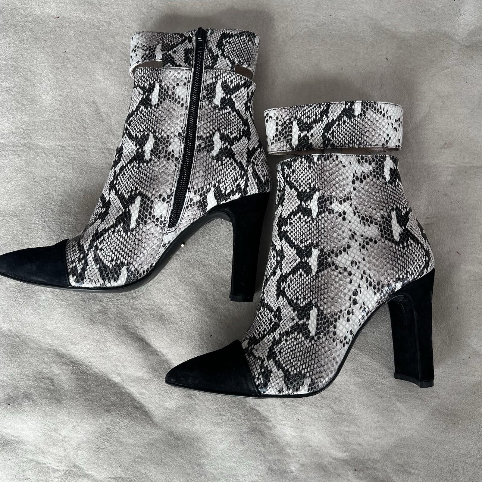 42 Gold Kiki Snakes Print Booties 8.5M Suede Heeled Pointed Toe Cut Out Ankle