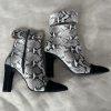42 Gold Kiki Snakes Print Booties 8.5M Suede Heeled Pointed Toe Cut Out Ankle