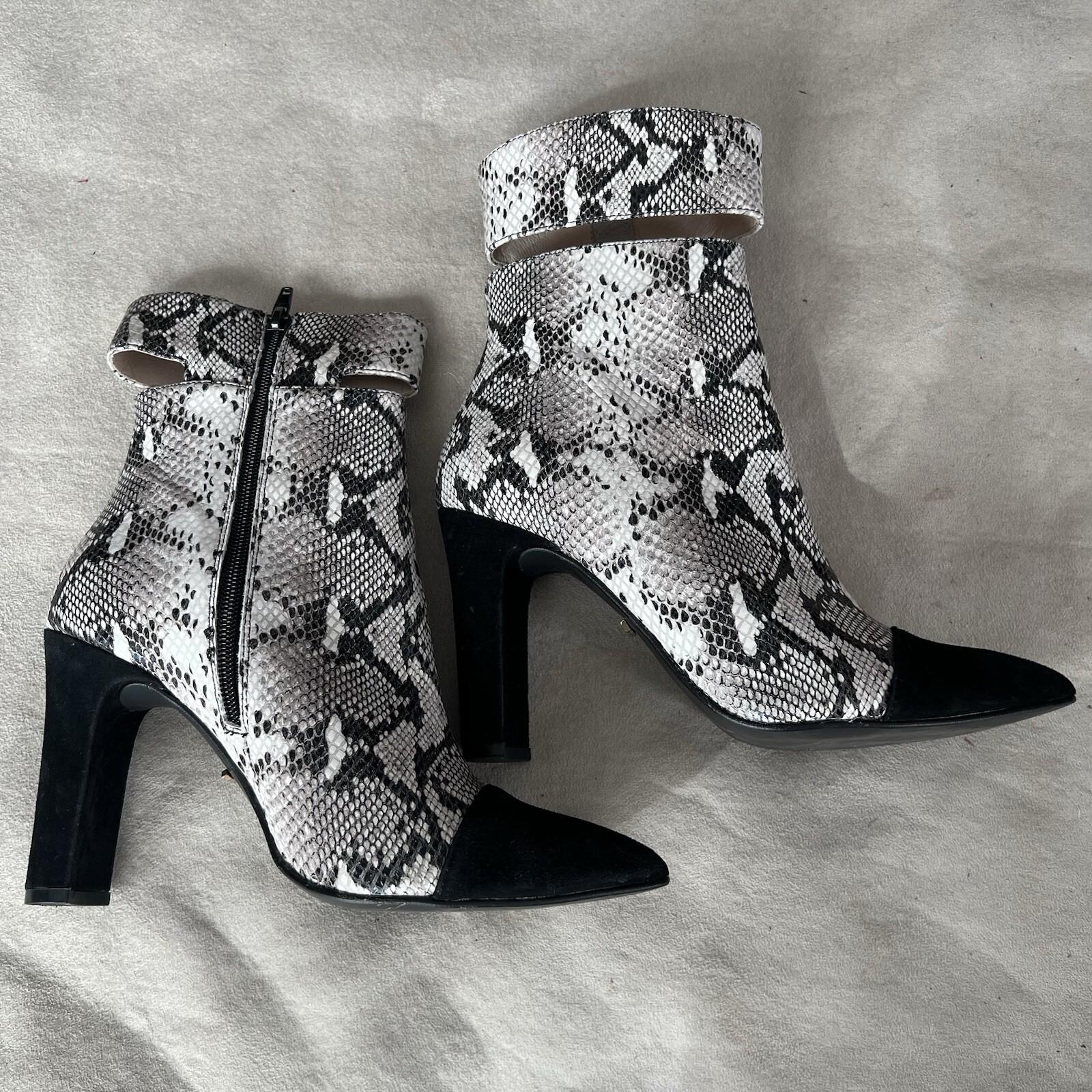 42 Gold Kiki Snakes Print Booties 8.5M Suede Heeled Pointed Toe Cut Out Ankle