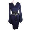VENUS Stretch Bell Sleeves Black Blue Rayon Blend Faux Leather Belted dress Sz 6