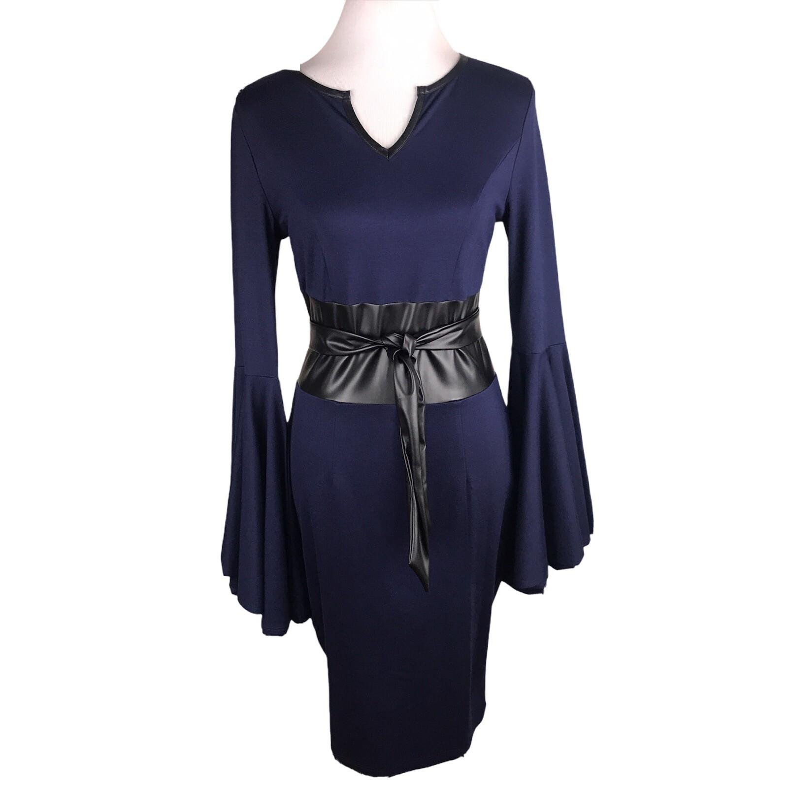 VENUS Stretch Bell Sleeves Black Blue Rayon Blend Faux Leather Belted dress Sz 6