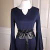 VENUS Stretch Bell Sleeves Black Blue Rayon Blend Faux Leather Belted dress Sz 6