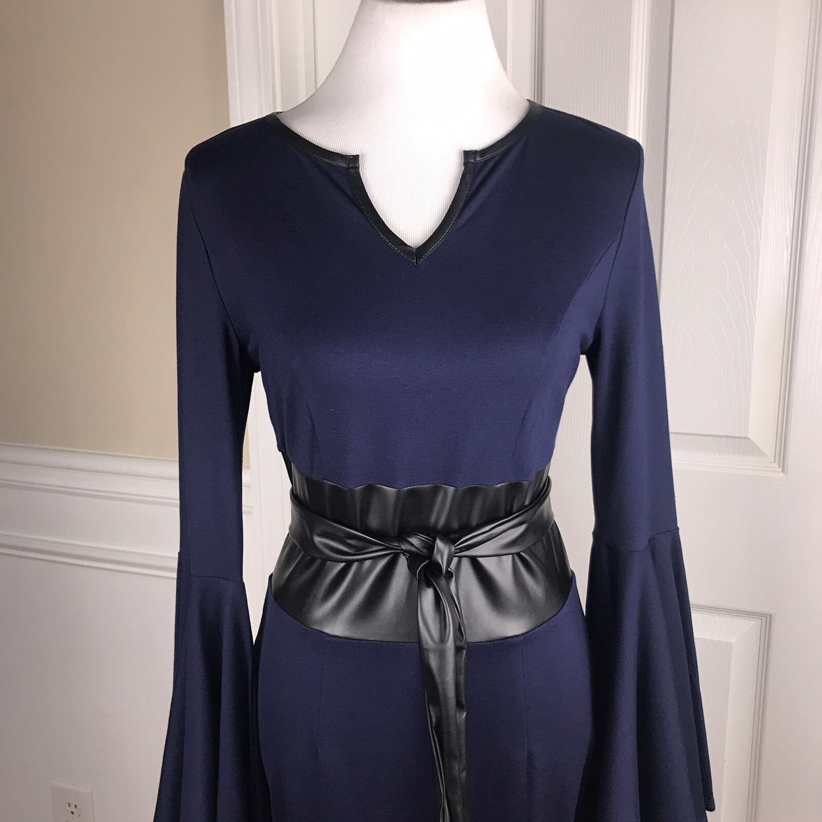 VENUS Stretch Bell Sleeves Black Blue Rayon Blend Faux Leather Belted dress Sz 6