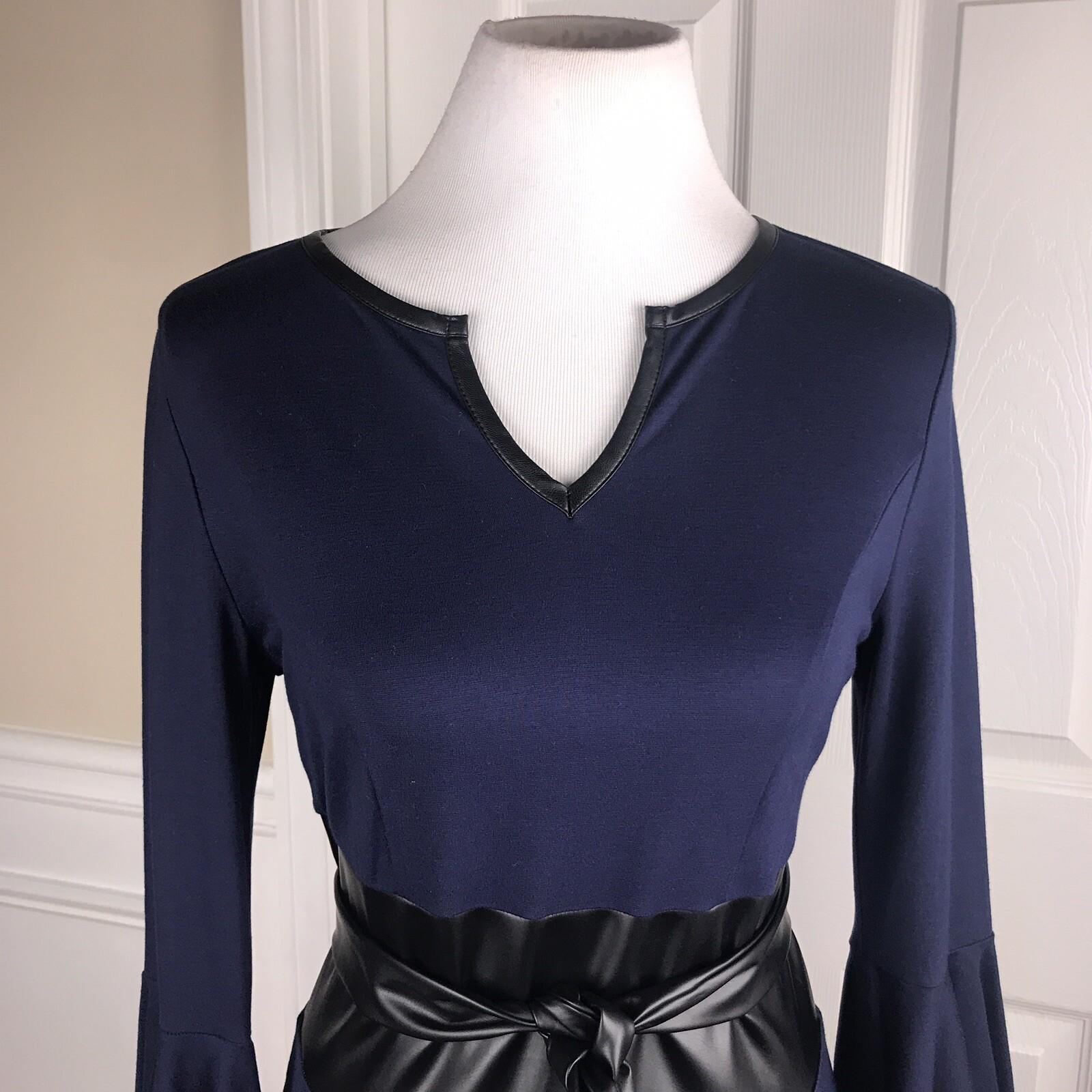 VENUS Stretch Bell Sleeves Black Blue Rayon Blend Faux Leather Belted dress Sz 6