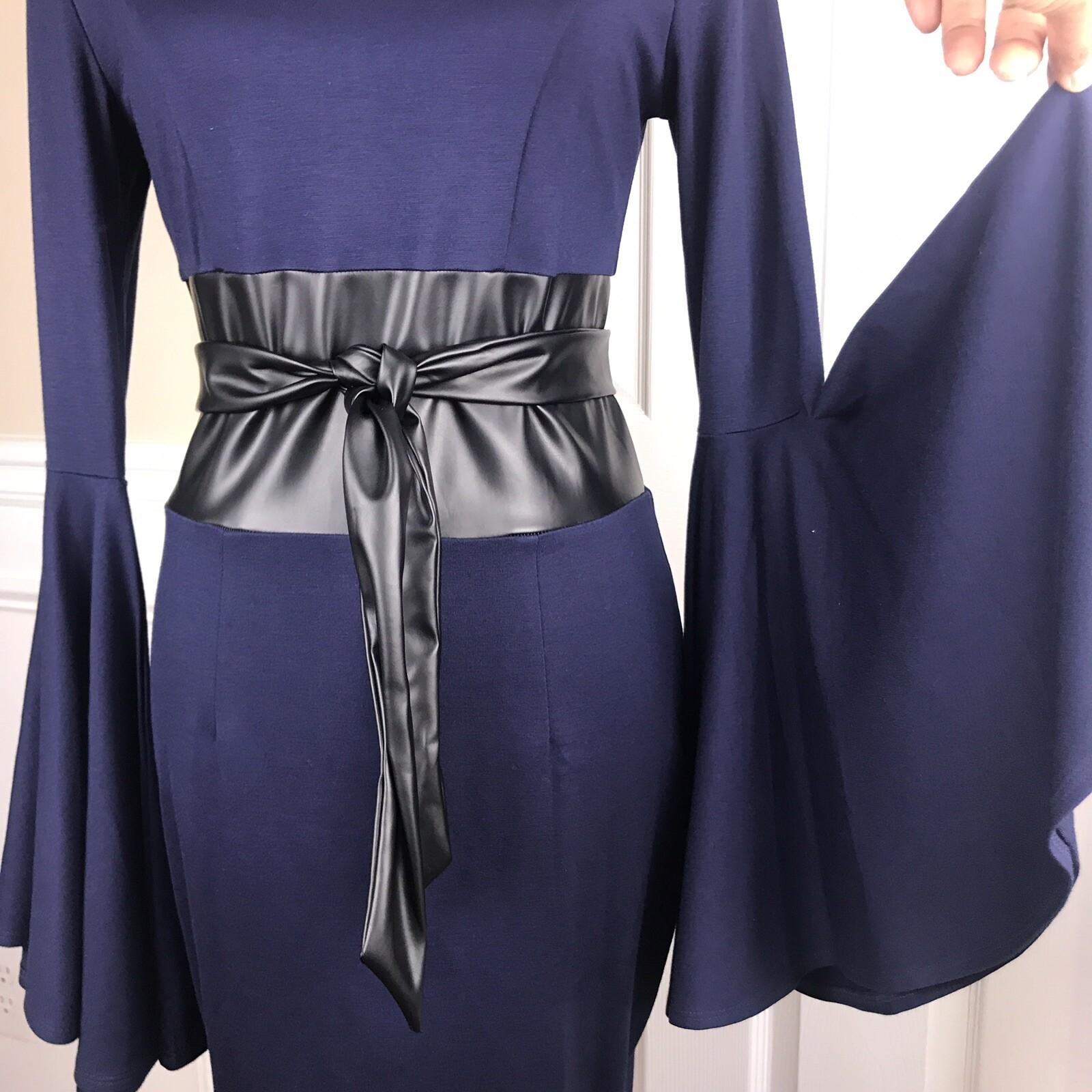 VENUS Stretch Bell Sleeves Black Blue Rayon Blend Faux Leather Belted dress Sz 6
