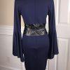 VENUS Stretch Bell Sleeves Black Blue Rayon Blend Faux Leather Belted dress Sz 6