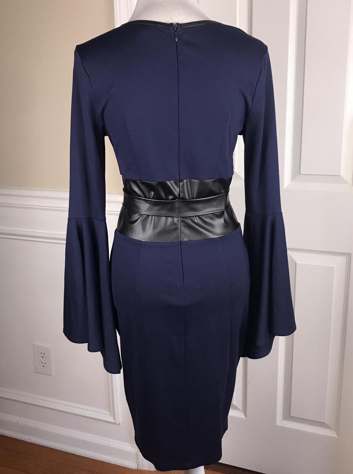 VENUS Stretch Bell Sleeves Black Blue Rayon Blend Faux Leather Belted dress Sz 6