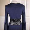 VENUS Stretch Bell Sleeves Black Blue Rayon Blend Faux Leather Belted dress Sz 6