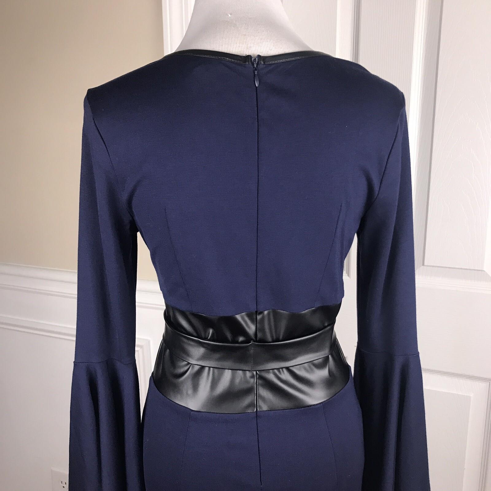 VENUS Stretch Bell Sleeves Black Blue Rayon Blend Faux Leather Belted dress Sz 6