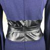 VENUS Stretch Bell Sleeves Black Blue Rayon Blend Faux Leather Belted dress Sz 6
