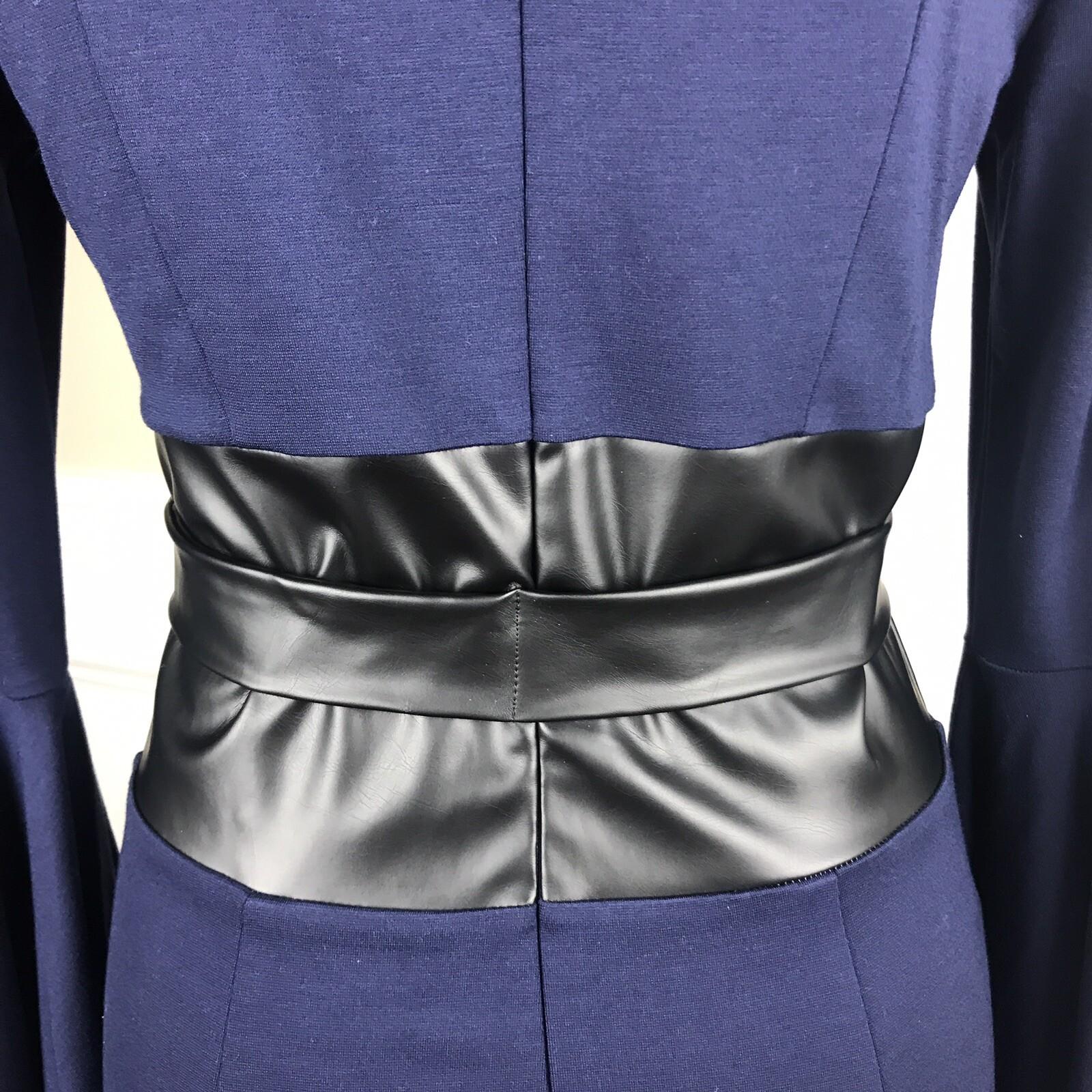 VENUS Stretch Bell Sleeves Black Blue Rayon Blend Faux Leather Belted dress Sz 6