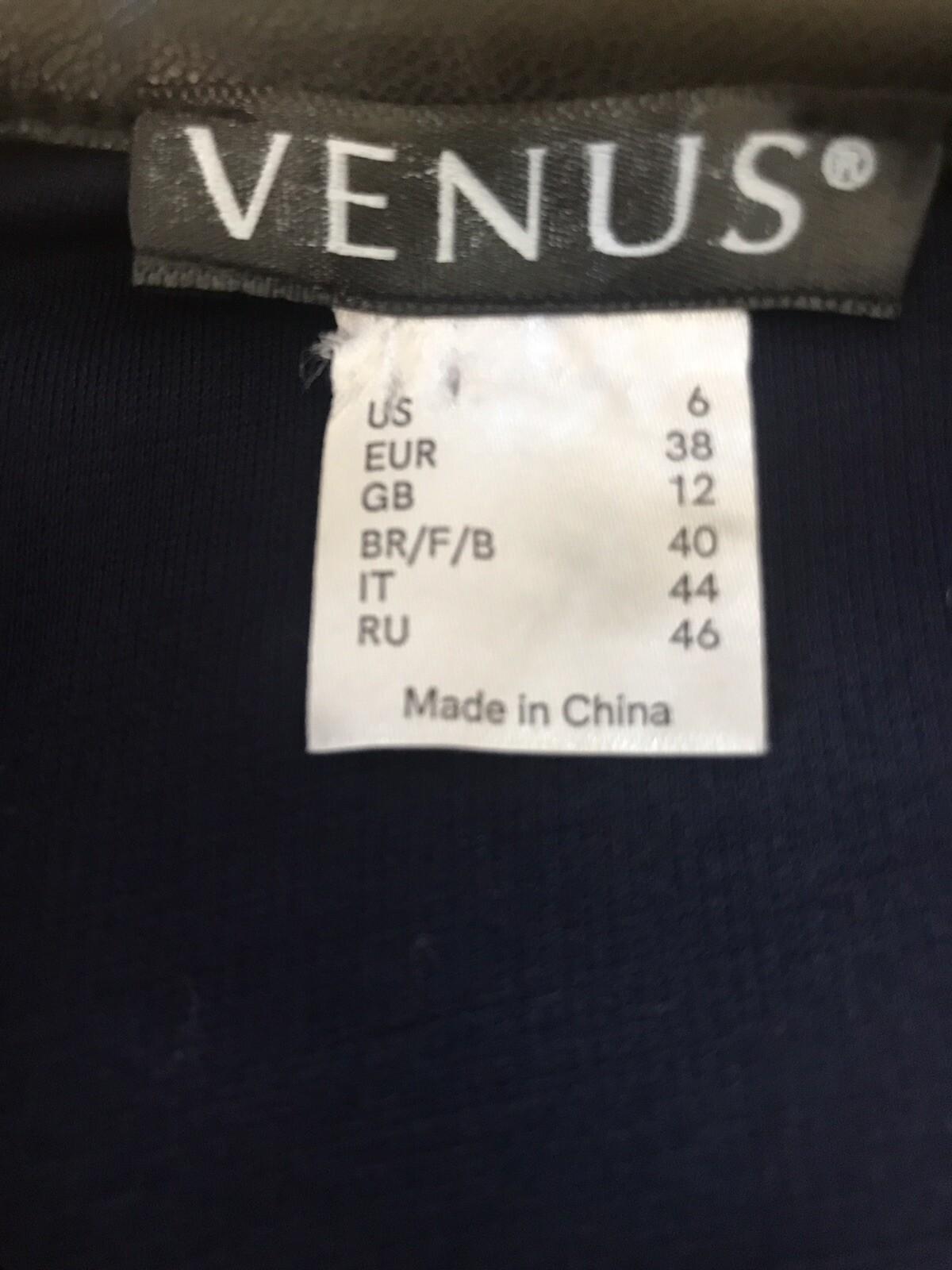 VENUS Stretch Bell Sleeves Black Blue Rayon Blend Faux Leather Belted dress Sz 6