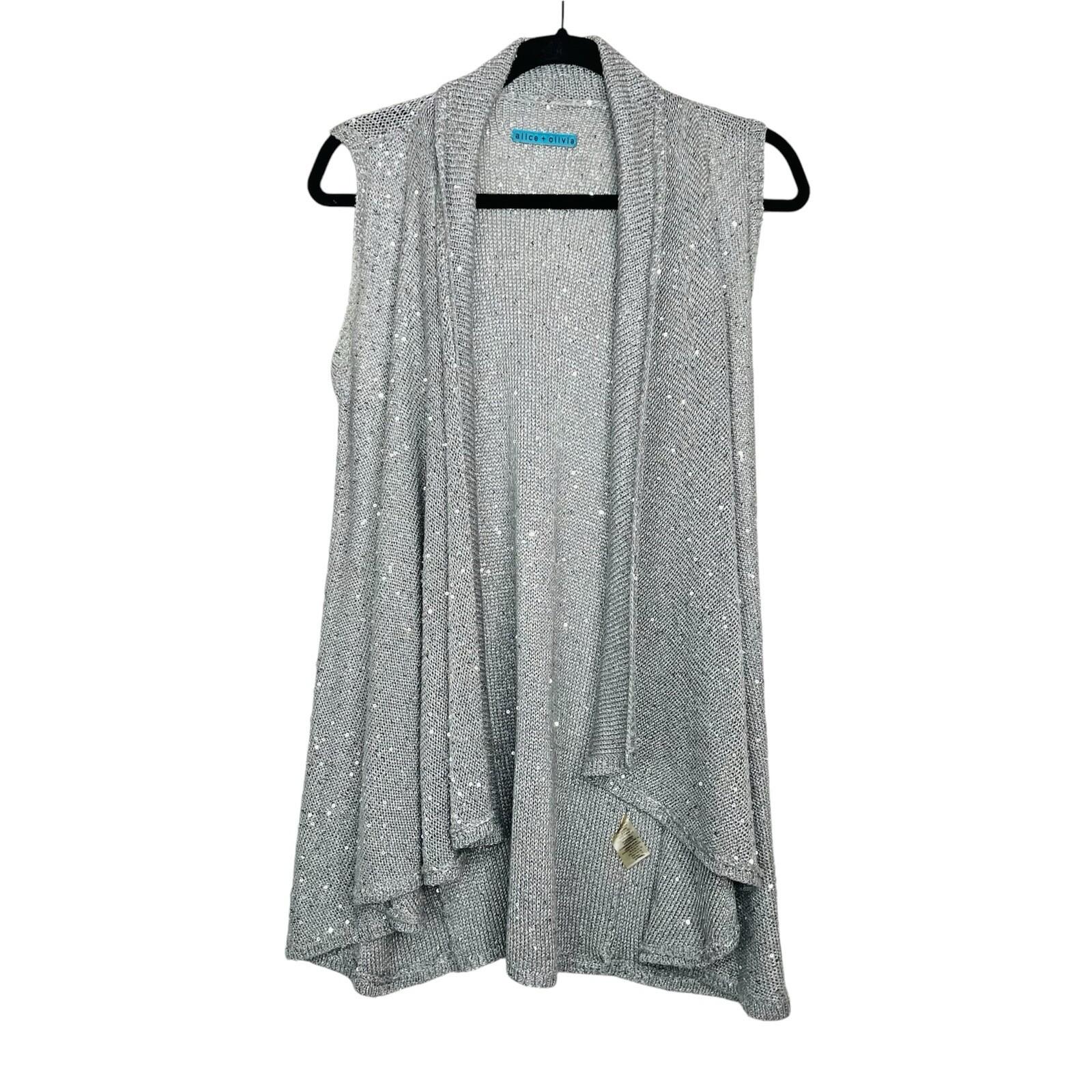 Alice + Olivia Overlay Cascading Drape Open Front Cardigan M Sequin Knit Gray