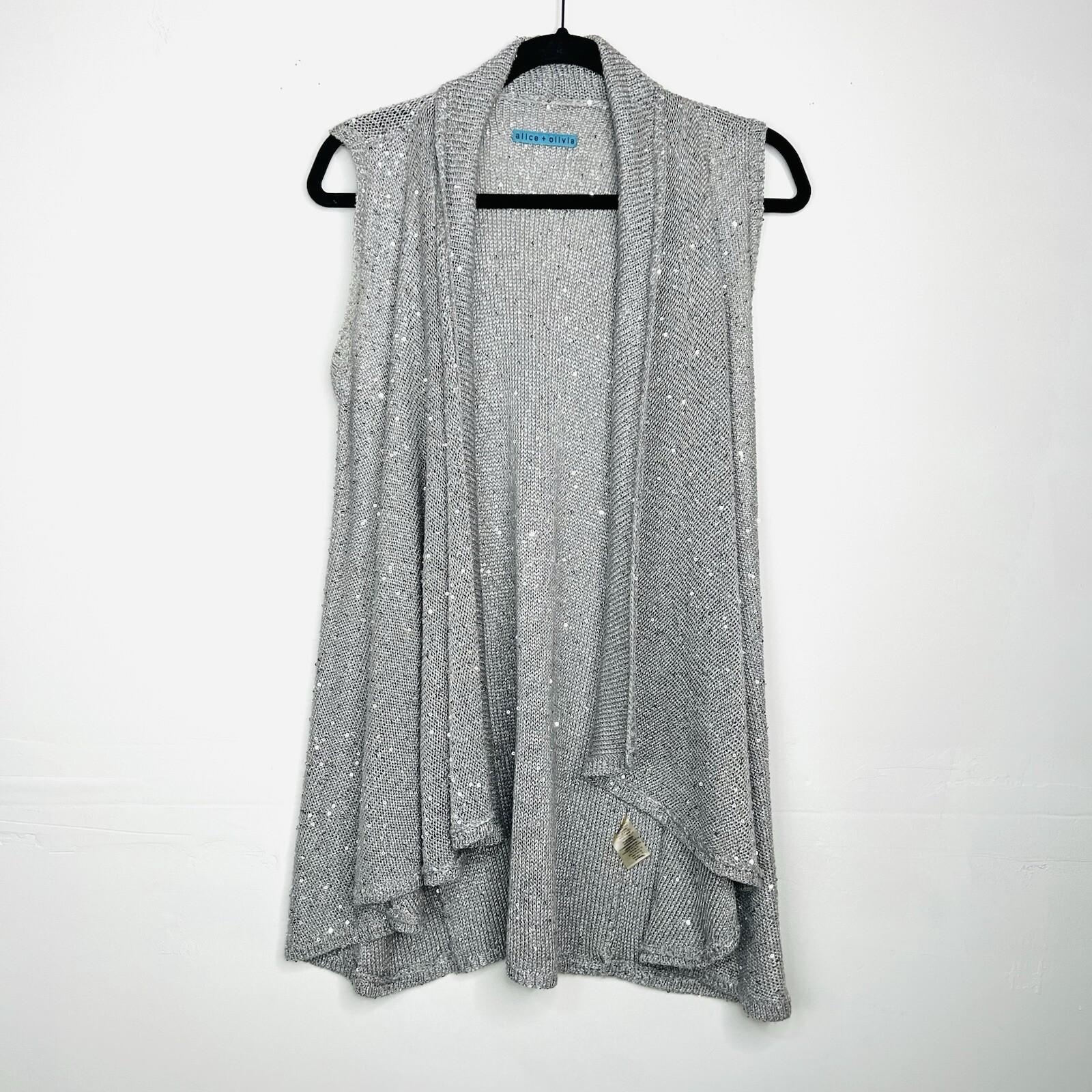 Alice + Olivia Overlay Cascading Drape Open Front Cardigan M Sequin Knit Gray