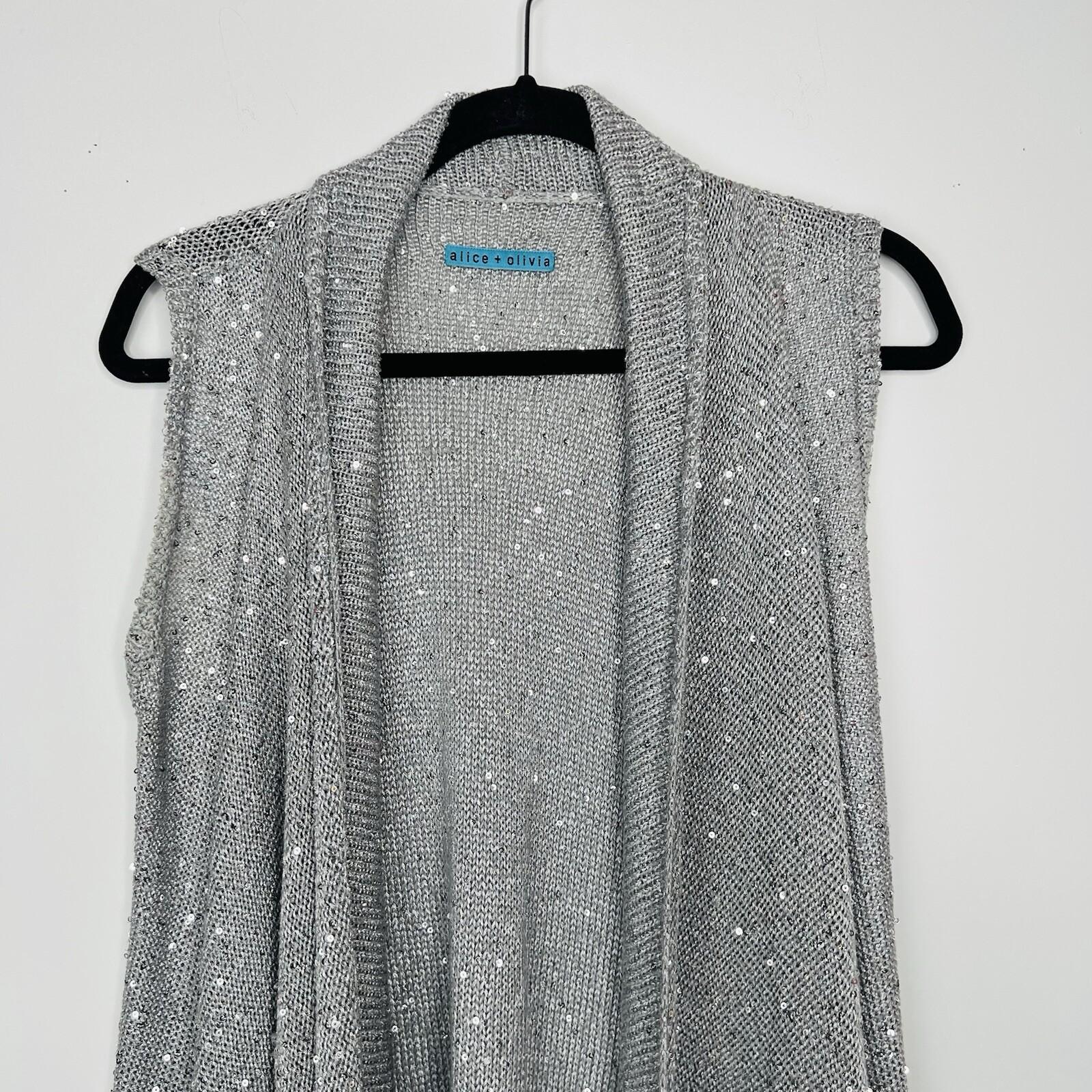 Alice + Olivia Overlay Cascading Drape Open Front Cardigan M Sequin Knit Gray