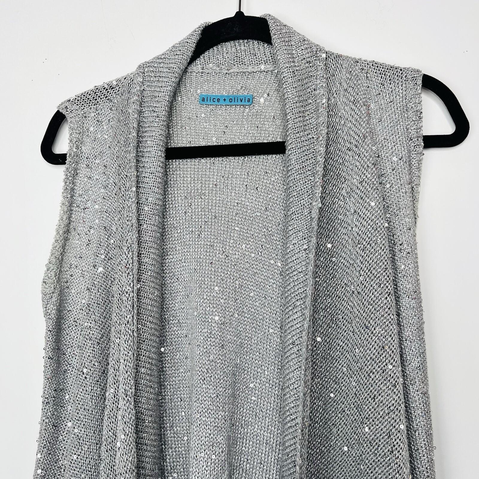 Alice + Olivia Overlay Cascading Drape Open Front Cardigan M Sequin Knit Gray
