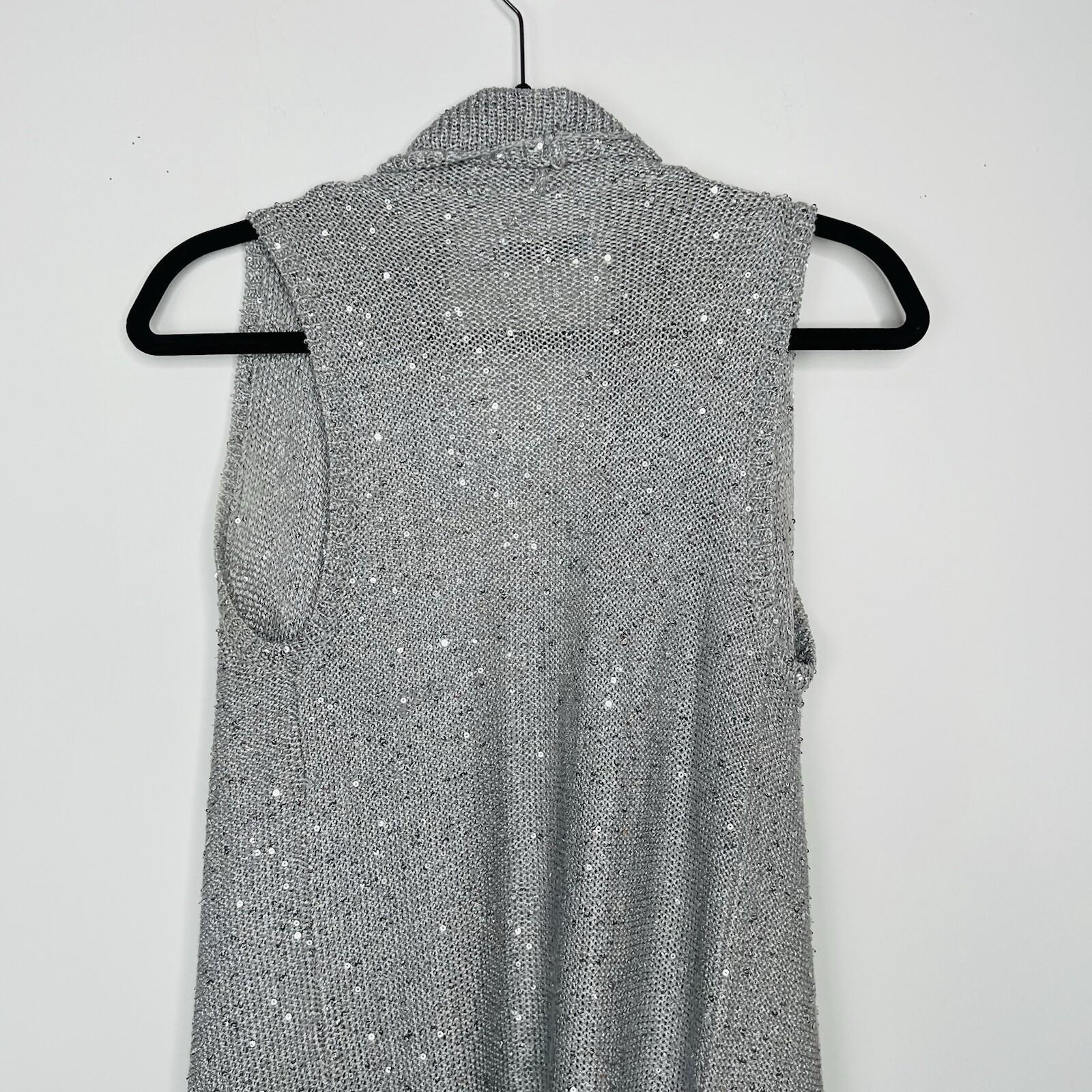 Alice + Olivia Overlay Cascading Drape Open Front Cardigan M Sequin Knit Gray