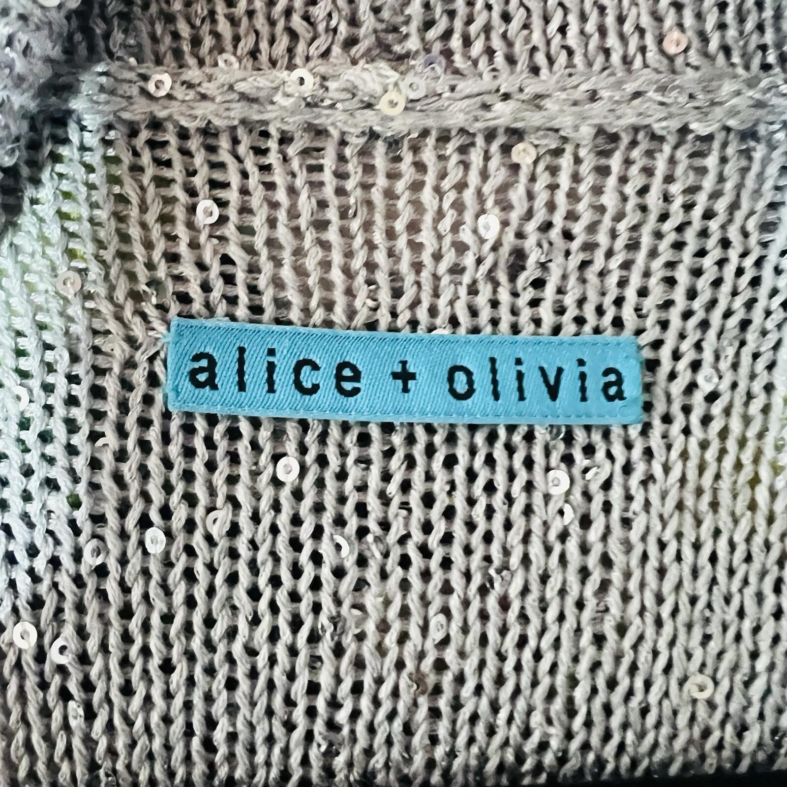 Alice + Olivia Overlay Cascading Drape Open Front Cardigan M Sequin Knit Gray