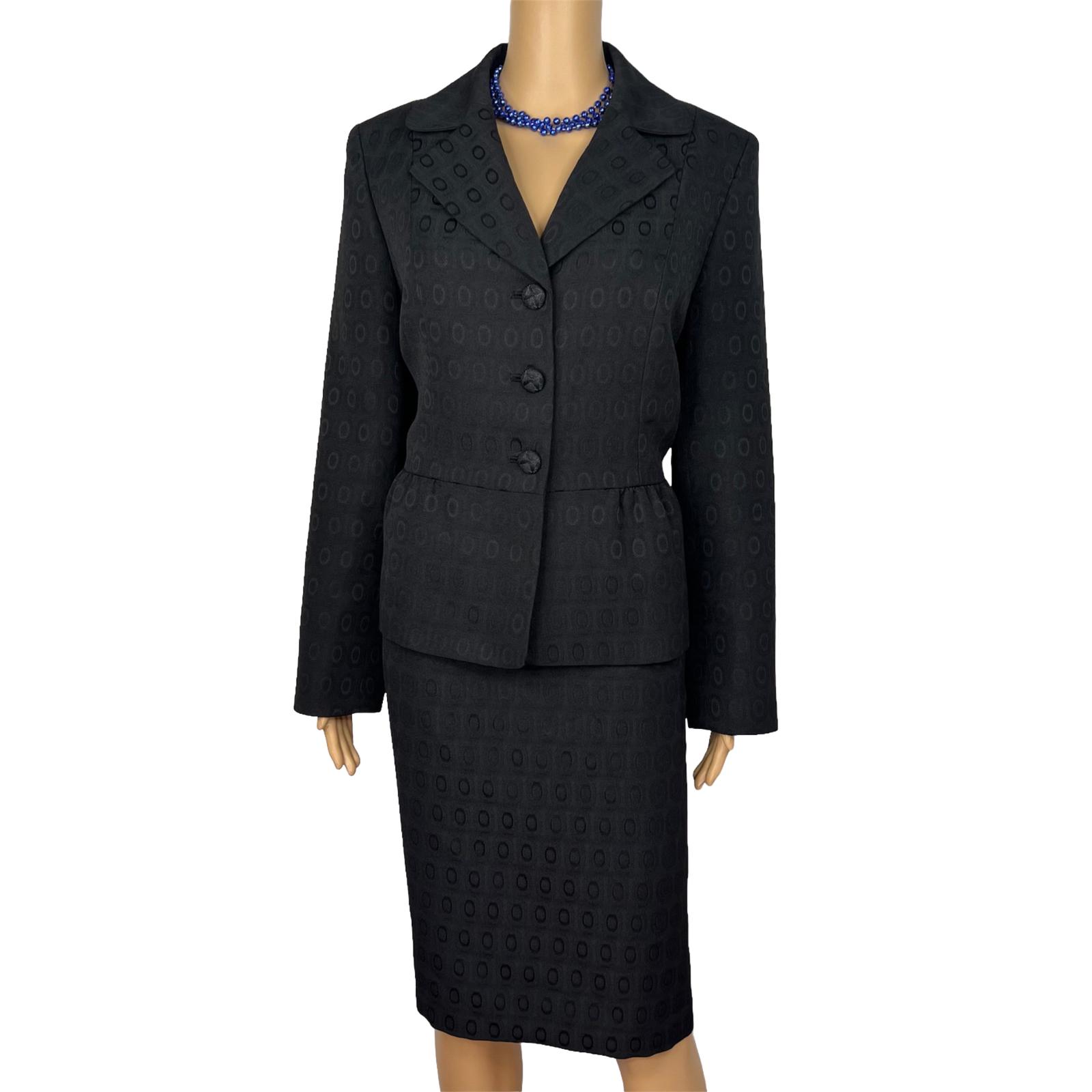 KASPER 2PC Black Polyester Lined Ruffle Cocktail Career Skirt Suit Size 10