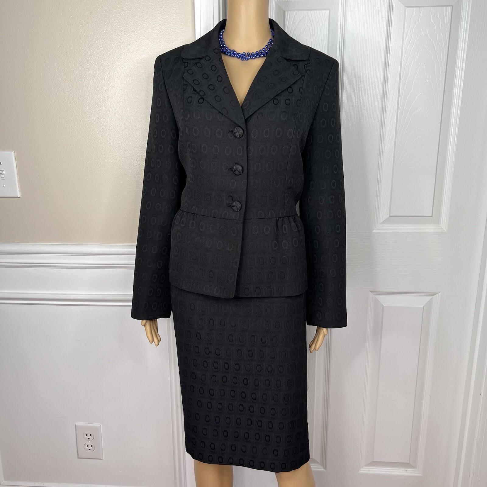 KASPER 2PC Black Polyester Lined Ruffle Cocktail Career Skirt Suit Size 10