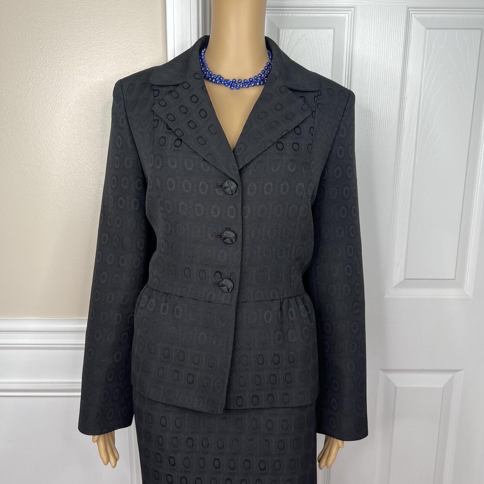 KASPER 2PC Black Polyester Lined Ruffle Cocktail Career Skirt Suit Size 10