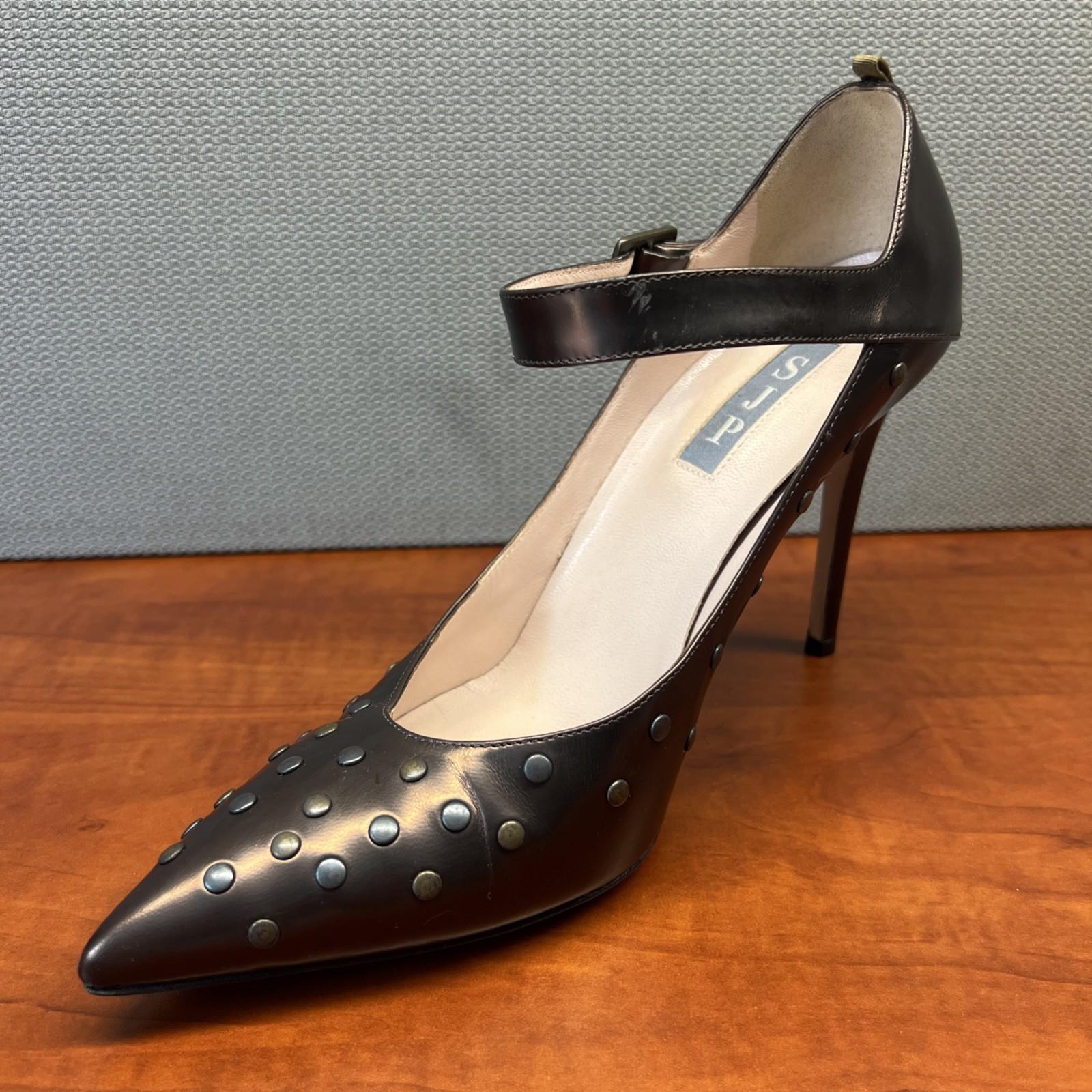 JSP by Sarah Jessica Parker Ankle Strap Heels 38.5 Patent Leather Bronze Studded