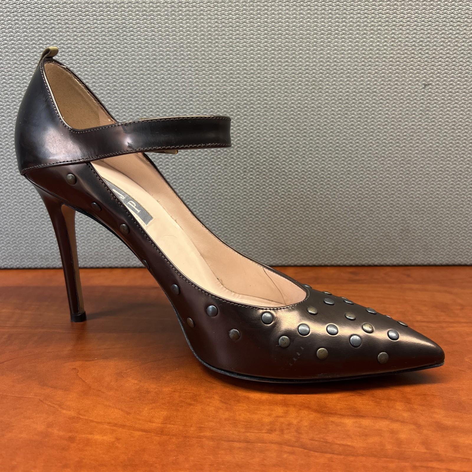 JSP by Sarah Jessica Parker Ankle Strap Heels 38.5 Patent Leather Bronze Studded