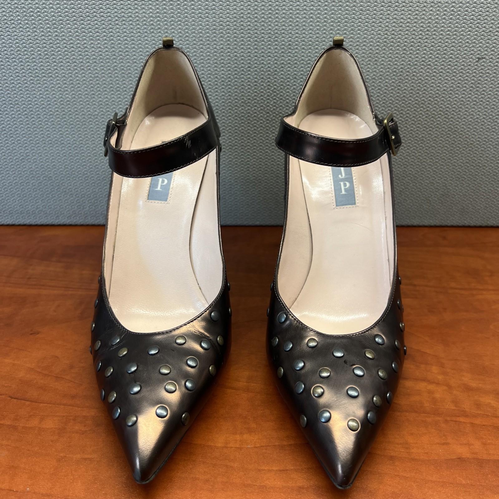 JSP by Sarah Jessica Parker Ankle Strap Heels 38.5 Patent Leather Bronze Studded