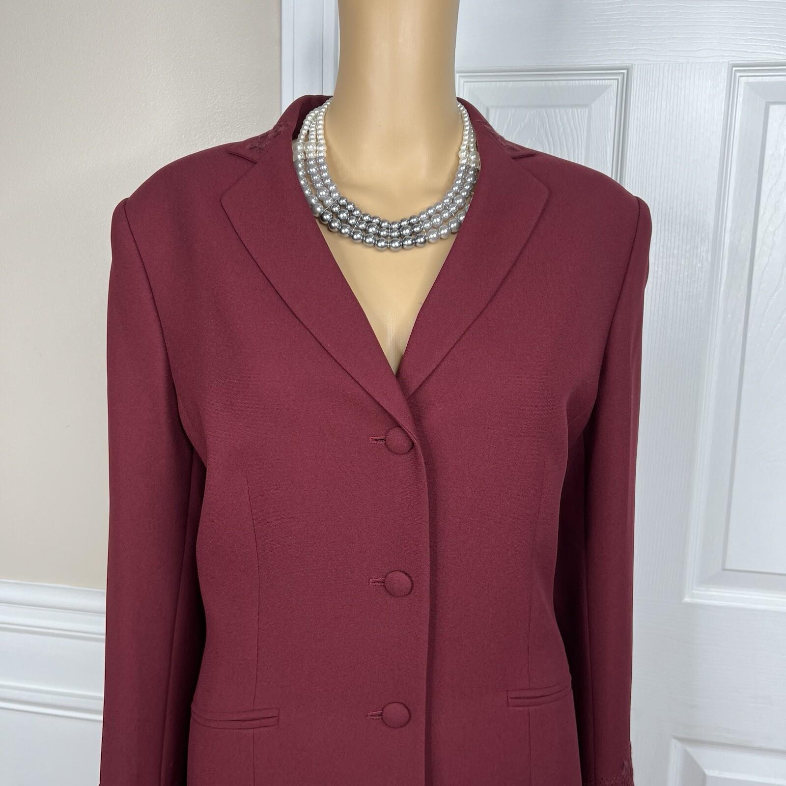 Kasper Polyester Acetate Embroidered Maroon Skirt Suit Size 12 Notch Collar 2PC
