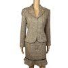 Liz Claiborne Tweed Brown Beige Skirt Suit Size 8P Ruffle Zip Up Lined 2PC