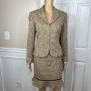 Liz Claiborne Tweed Brown Beige Skirt Suit Size 8P Ruffle Zip Up Lined 2PC