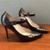 JSP by Sarah Jessica Parker Ankle Strap Heels 38.5 Patent Leather Bronze Studded