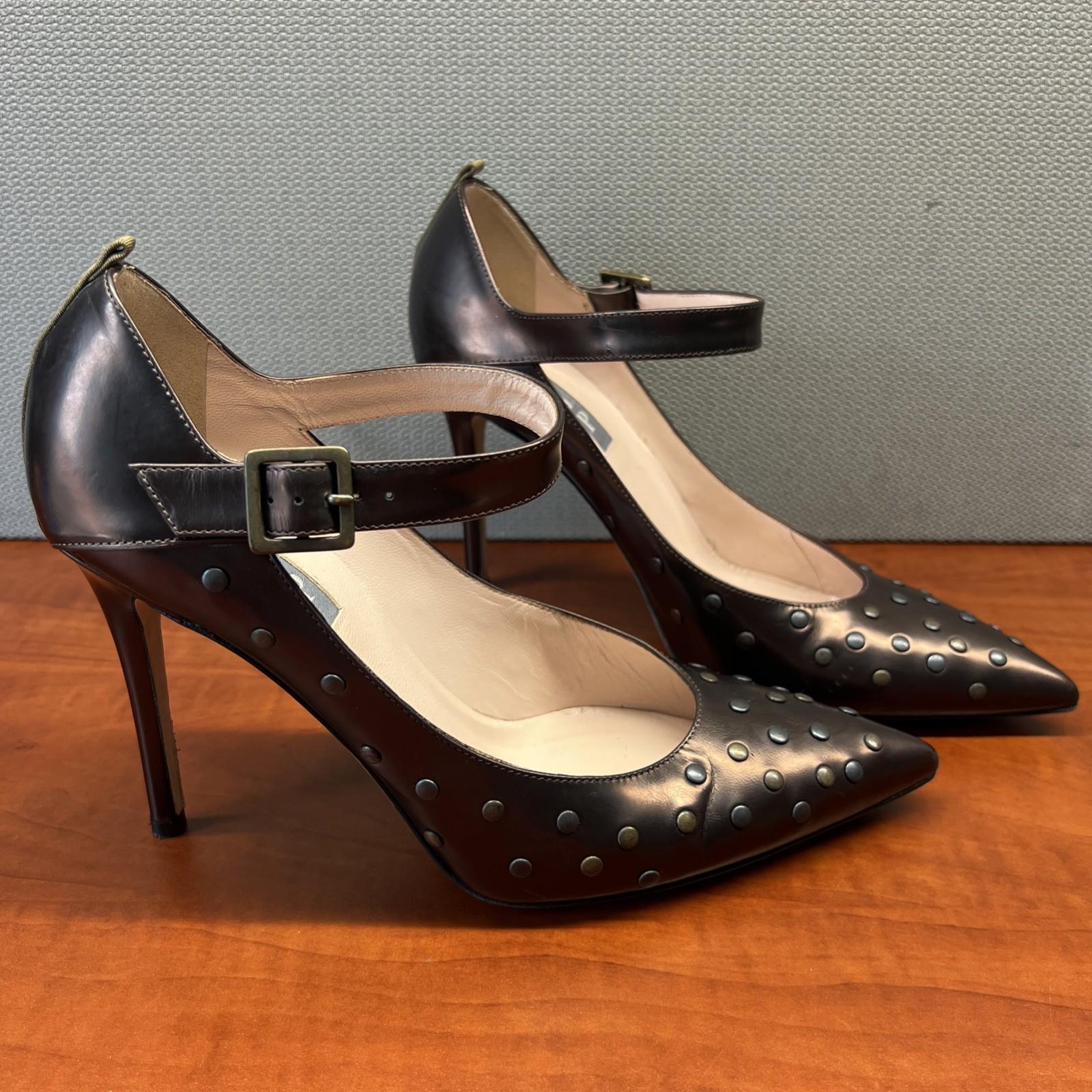 JSP by Sarah Jessica Parker Ankle Strap Heels 38.5 Patent Leather Bronze Studded