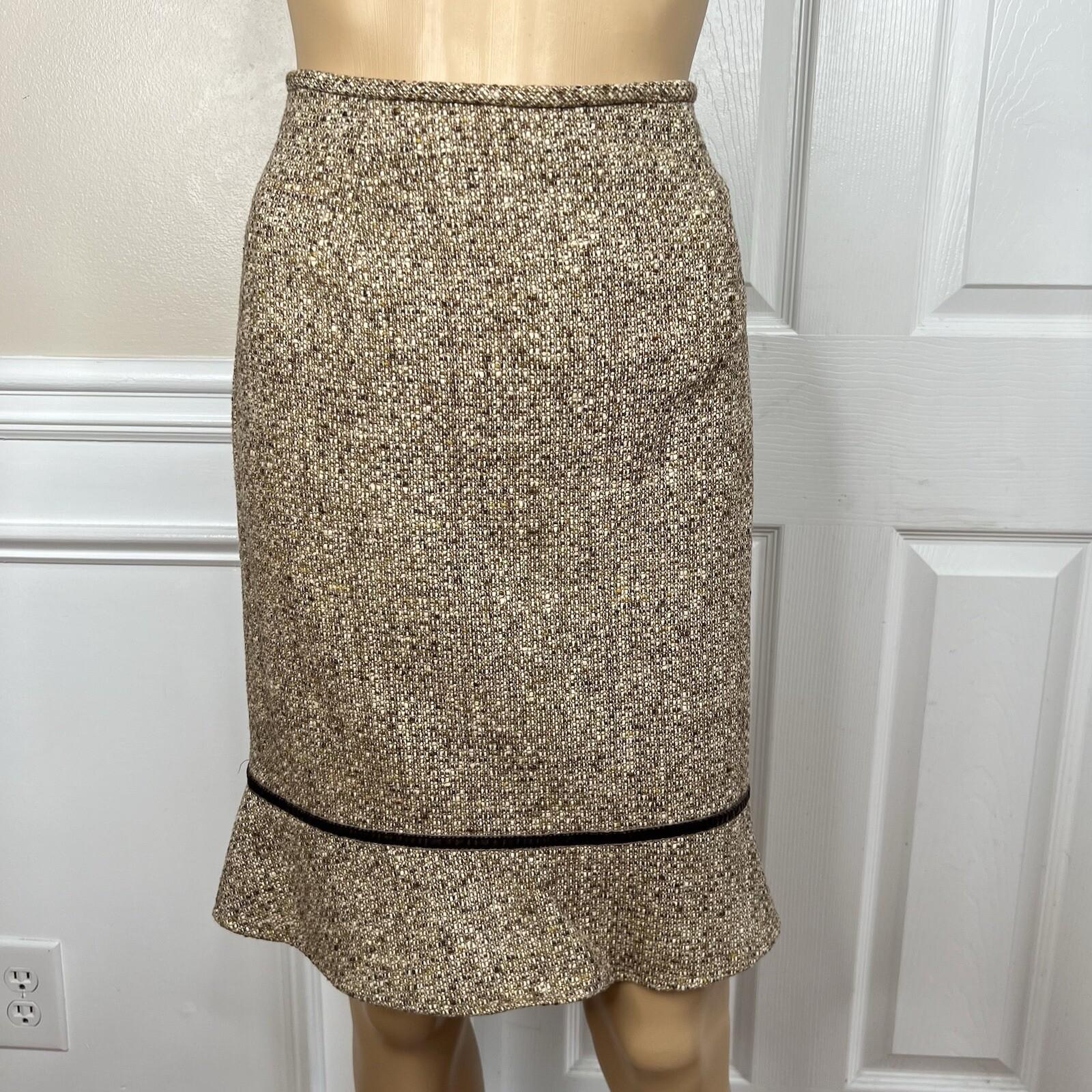 Liz Claiborne Tweed Brown Beige Skirt Suit Size 8P Ruffle Zip Up Lined 2PC