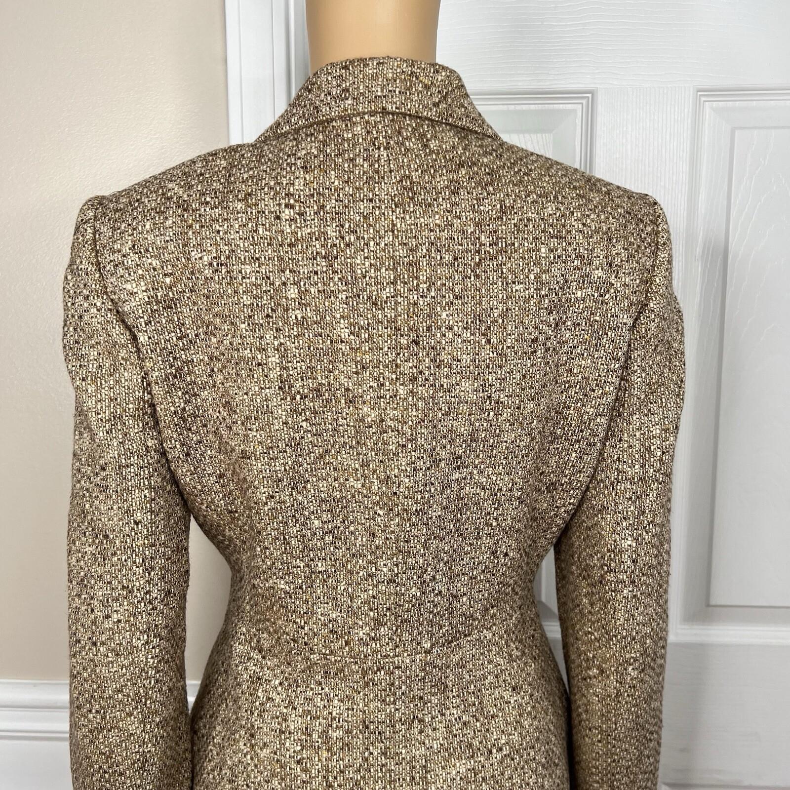 Liz Claiborne Tweed Brown Beige Skirt Suit Size 8P Ruffle Zip Up Lined 2PC
