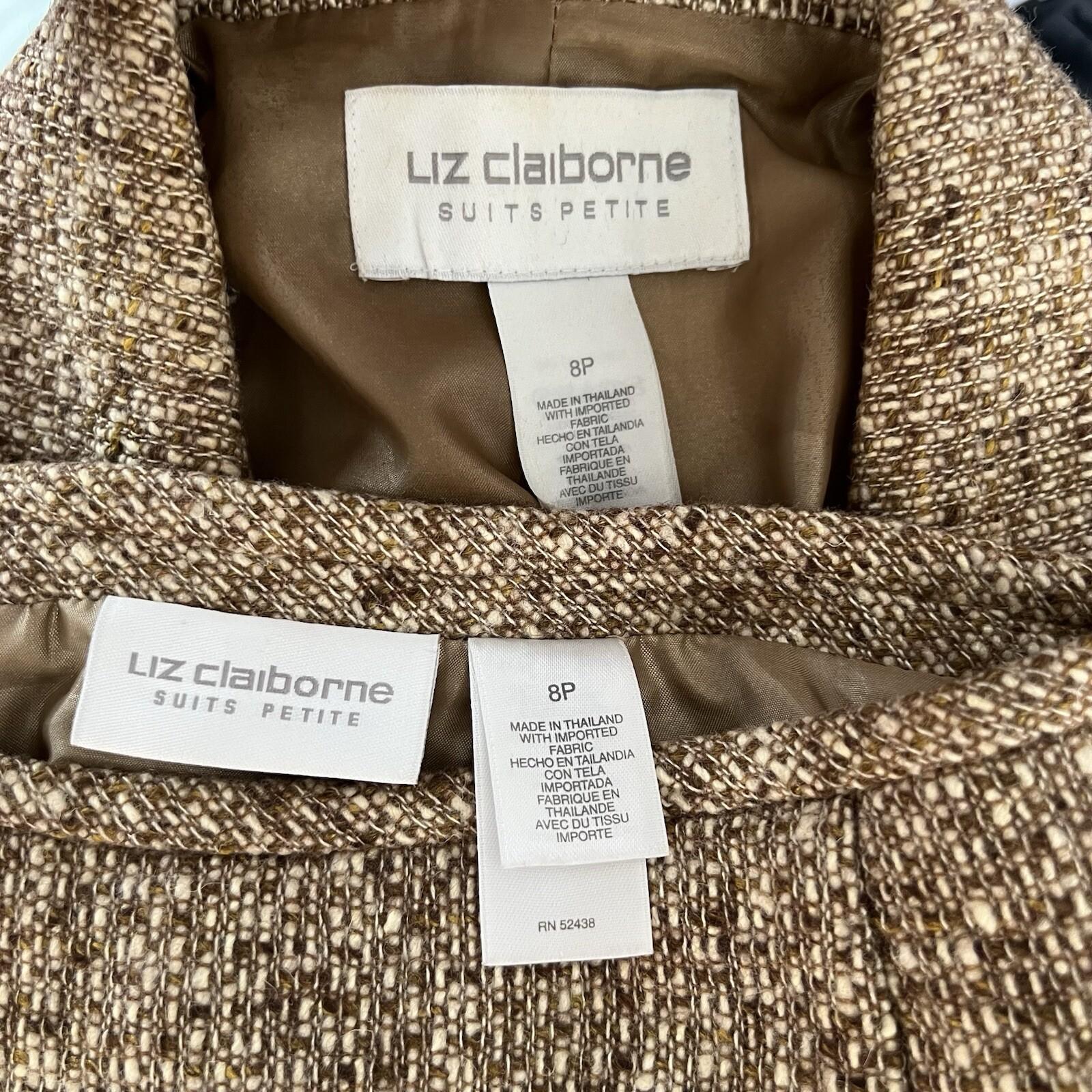Liz Claiborne Tweed Brown Beige Skirt Suit Size 8P Ruffle Zip Up Lined 2PC