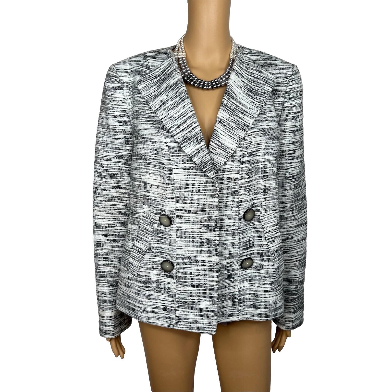 KASPER Acrylic Polyester Black White Blazer Size 12 Lined Open Front Blazer