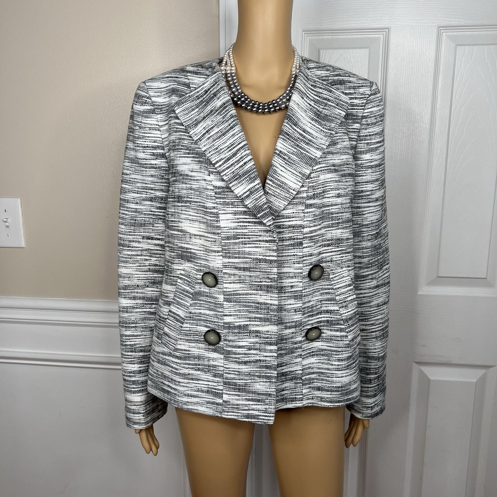 KASPER Acrylic Polyester Black White Blazer Size 12 Lined Open Front Blazer