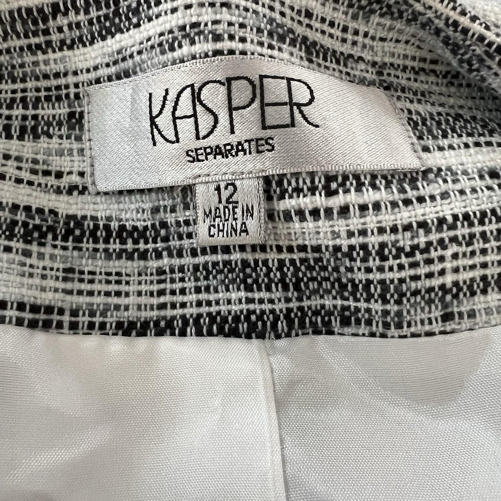 KASPER Acrylic Polyester Black White Blazer Size 12 Lined Open Front Blazer