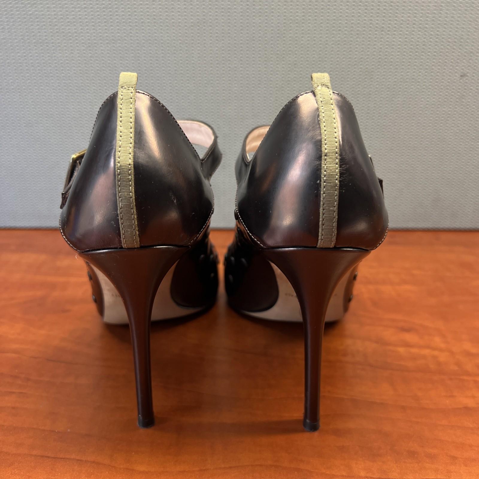 JSP by Sarah Jessica Parker Ankle Strap Heels 38.5 Patent Leather Bronze Studded