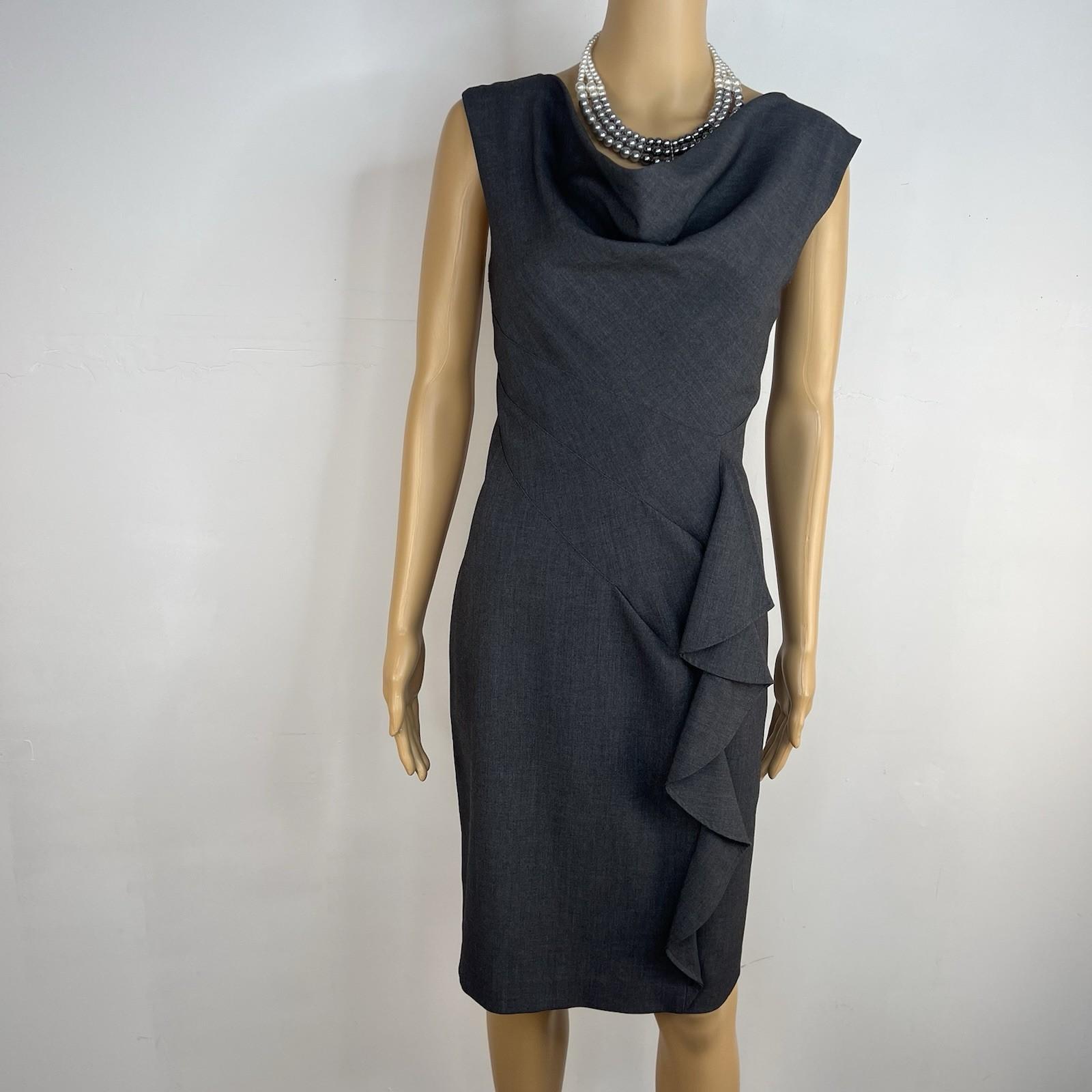 Calvin Klein Sheath Dress 8 Gray Sleeveless Cowl Neck Ruffle Business Stretch